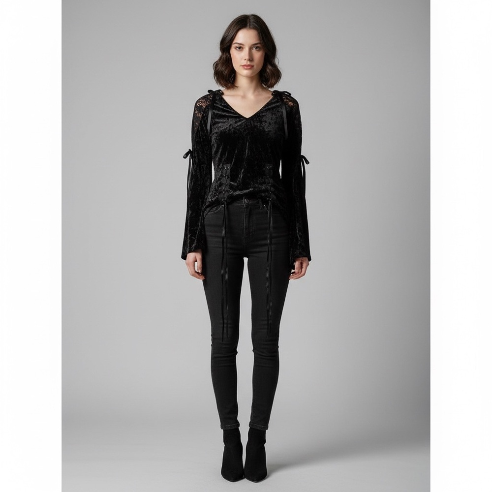 Banned Apparel Gothic Black Crushed Velvet Lace-Up Corset Style Top Bell Sleeve
